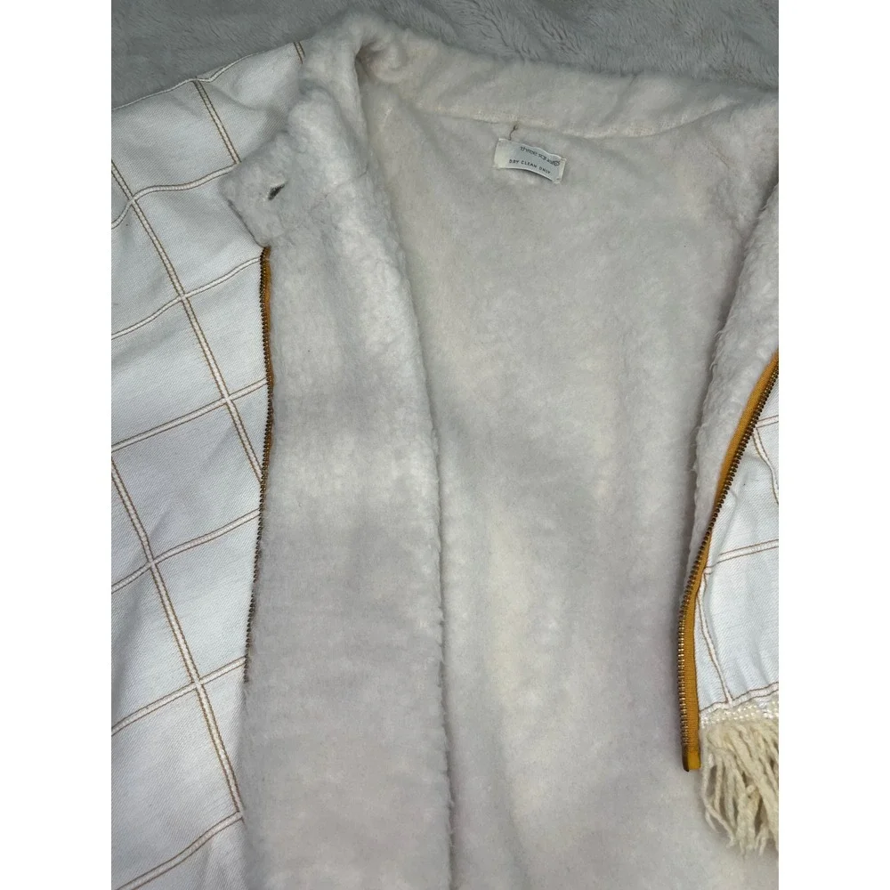 Three Squares Womens Poncho Grid Pattern Fringe Faux Fur Lined Cream OS